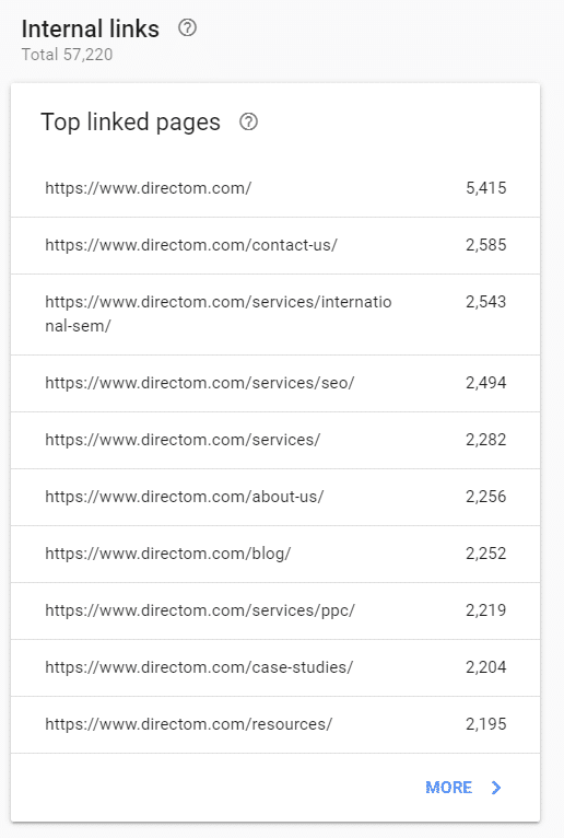 google search console example for top linked pages internally