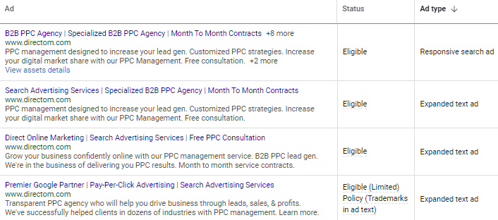 Google Ads ad group with 3 expanded text ads and 1 responsive search ad
