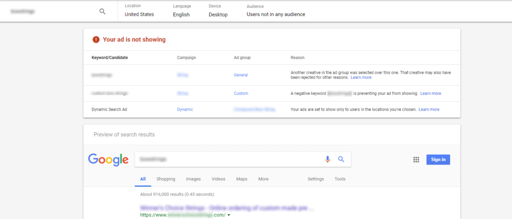 google trademark infringement - google ads preview and diagnosis tool