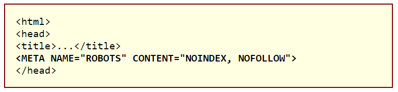 An example of noindex and nofollow tags in a page source code