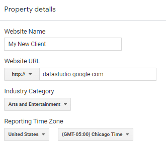 Google analytics new account property details