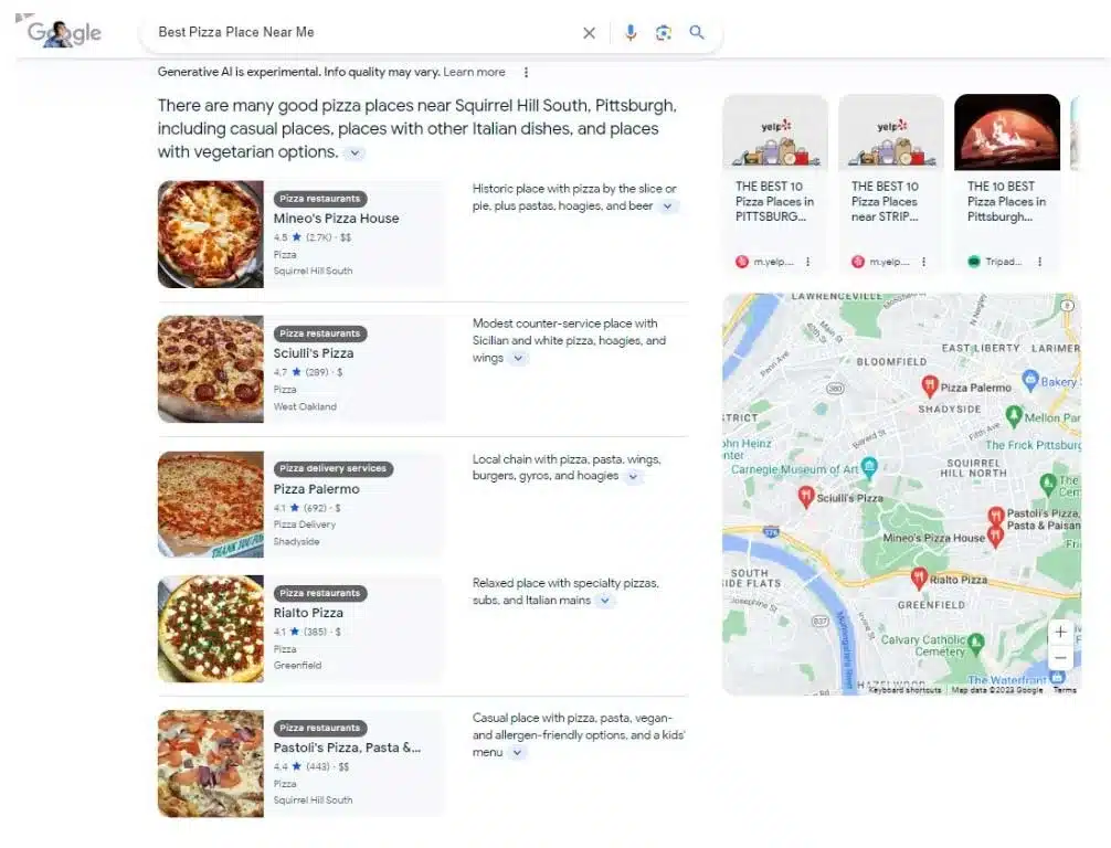 Google results for best pizza places near me