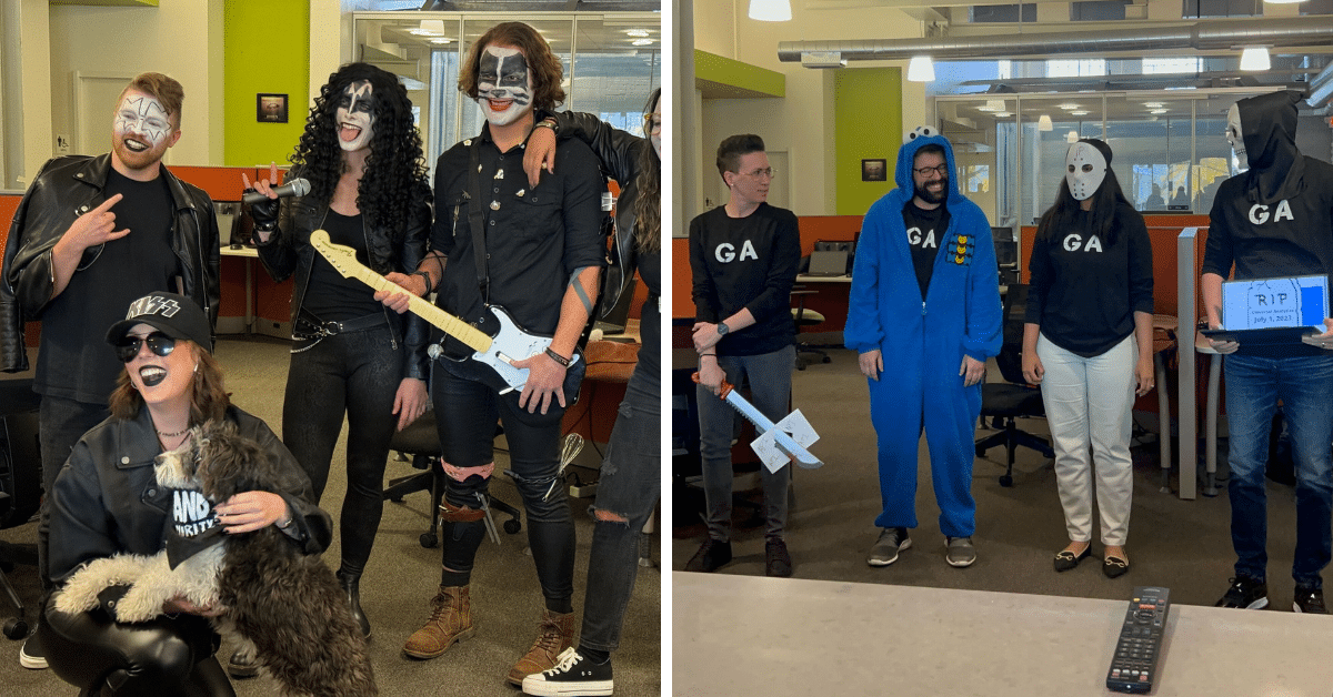 the dom team wearing costumes for hallowen