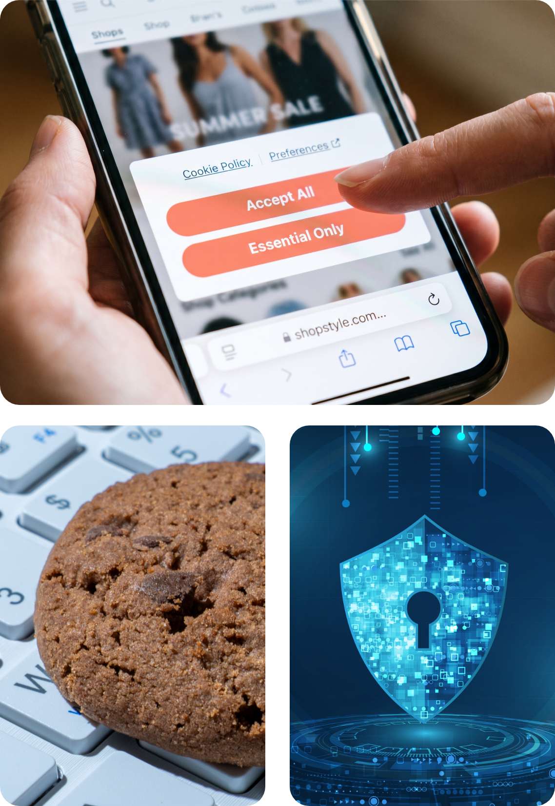 Cookie consent - someone using their phone to accept cookies, a picture of a cookie on a computer and a shield icon