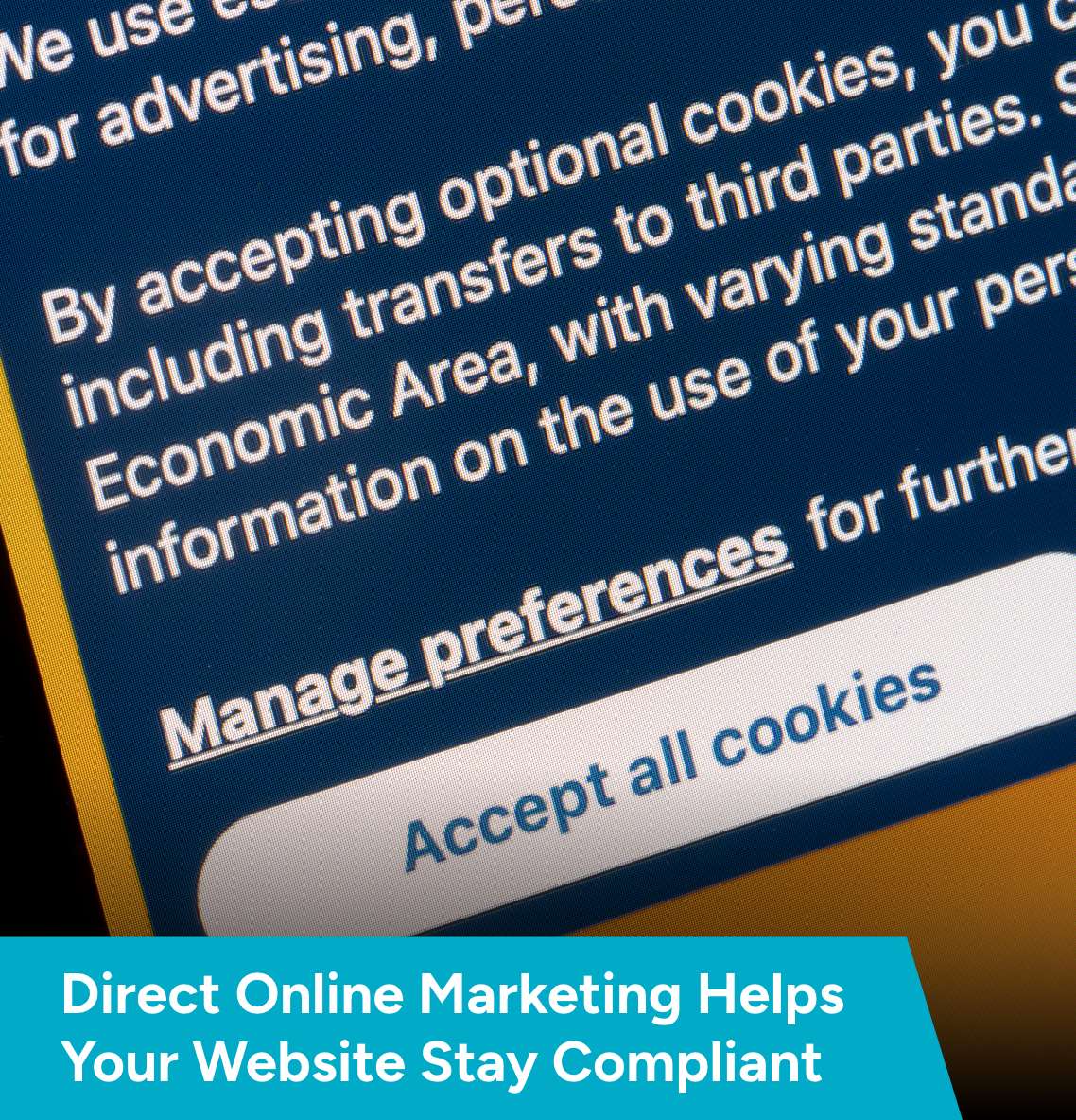 Cookie Consent - acceptance screen. "Direct Online Marketing helps your website stay compliant" reads the text overlay.